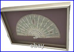 Antique Victorian Lace Hand Fan Shadow Box Framed HandPainted Embroidered VTG