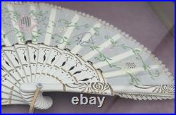Antique Victorian Lace Hand Fan Shadow Box Framed HandPainted Embroidered VTG