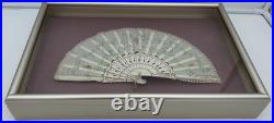 Antique Victorian Lace Hand Fan Shadow Box Framed HandPainted Embroidered VTG