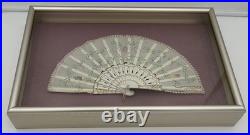 Antique Victorian Lace Hand Fan Shadow Box Framed HandPainted Embroidered VTG