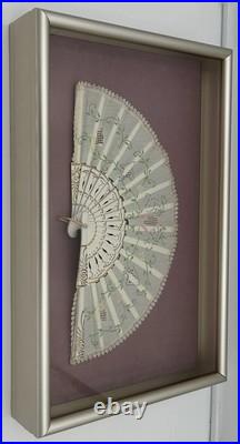 Antique Victorian Lace Hand Fan Shadow Box Framed HandPainted Embroidered VTG