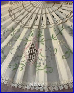 Antique Victorian Lace Hand Fan Shadow Box Framed HandPainted Embroidered VTG