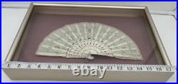 Antique Victorian Lace Hand Fan Shadow Box Framed HandPainted Embroidered VTG