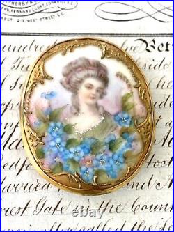 Antique Victorian Lady Gold Gilt Portrait Brooch Cameo Hand Painted Porcelain