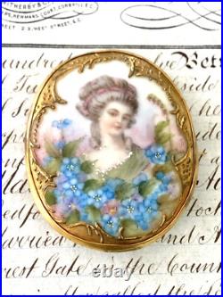 Antique Victorian Lady Gold Gilt Portrait Brooch Cameo Hand Painted Porcelain