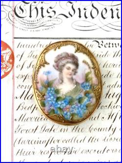 Antique Victorian Lady Gold Gilt Portrait Brooch Cameo Hand Painted Porcelain