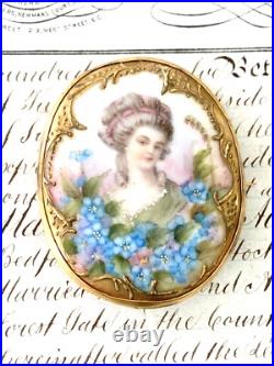 Antique Victorian Lady Gold Gilt Portrait Brooch Cameo Hand Painted Porcelain