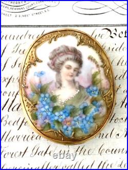 Antique Victorian Lady Gold Gilt Portrait Brooch Cameo Hand Painted Porcelain