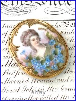 Antique Victorian Lady Gold Gilt Portrait Brooch Cameo Hand Painted Porcelain