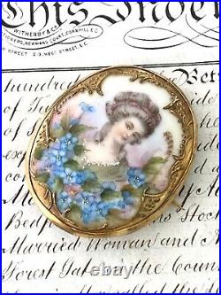 Antique Victorian Lady Gold Gilt Portrait Brooch Cameo Hand Painted Porcelain