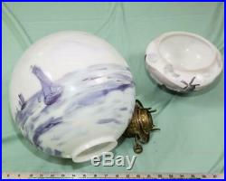 Antique Victorian Lamp Light Shade Ball Hand Painted Delft Holland Windmill dq