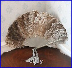 Antique Victorian Large Ostrich Feather Painted Silver Wooden Women's Hand Fan