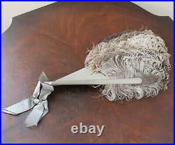 Antique Victorian Large Ostrich Feather Painted Silver Wooden Women's Hand Fan