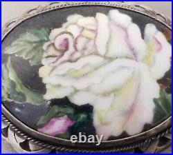 Antique Victorian Large Size Oval Hand Made Painted On Porcelain Rose Pin Brooch