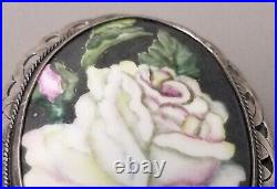 Antique Victorian Large Size Oval Hand Made Painted On Porcelain Rose Pin Brooch