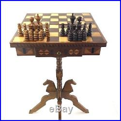 Antique Victorian Late 1800s Inlaid Hand Turned Carved Chess Board Table