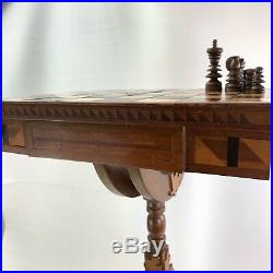 Antique Victorian Late 1800s Inlaid Hand Turned Carved Chess Board Table