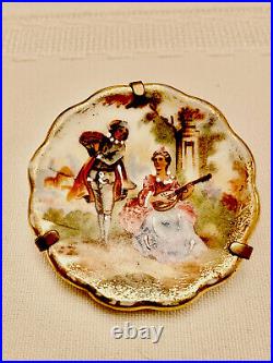 Antique Victorian Limoges France Porcelain Plate Brooch/Pin Hand Painted Scene