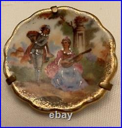 Antique Victorian Limoges France Porcelain Plate Brooch/Pin Hand Painted Scene