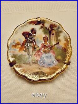 Antique Victorian Limoges France Porcelain Plate Brooch/Pin Hand Painted Scene