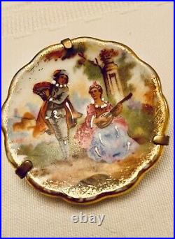 Antique Victorian Limoges France Porcelain Plate Brooch/Pin Hand Painted Scene