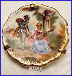 Antique Victorian Limoges France Porcelain Plate Brooch/Pin Hand Painted Scene