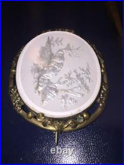 Antique Victorian MOP Hand Carved Intaglio Deer Nature Scene Portrait Brooch Pin