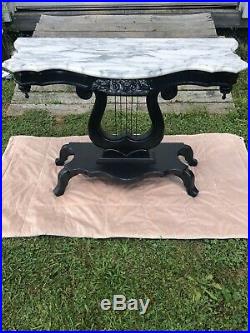 Antique Victorian Mahogany Marble Top Lyre Console Table, Hand-Painted Charcoal