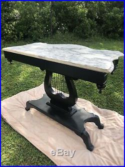 Antique Victorian Mahogany Marble Top Lyre Console Table, Hand-Painted Charcoal