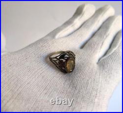 Antique Victorian Memento Mori Silver Ring With Hand Carved Skull Stone-19th C