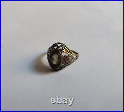 Antique Victorian Memento Mori Silver Ring With Hand Carved Skull Stone-19th C