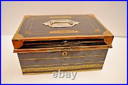 Antique Victorian Metal Jewelry Box Black and Gold Hand Painted Locking Case Old