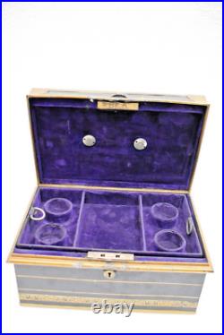Antique Victorian Metal Jewelry Box Black and Gold Hand Painted Locking Case Old