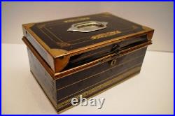 Antique Victorian Metal Jewelry Box Black and Gold Hand Painted Locking Case Old