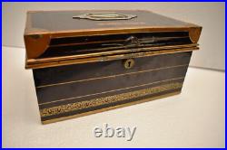 Antique Victorian Metal Jewelry Box Black and Gold Hand Painted Locking Case Old