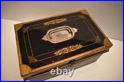 Antique Victorian Metal Jewelry Box Black and Gold Hand Painted Locking Case Old