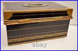 Antique Victorian Metal Jewelry Box Black and Gold Hand Painted Locking Case Old