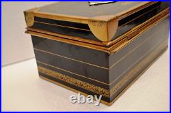 Antique Victorian Metal Jewelry Box Black and Gold Hand Painted Locking Case Old