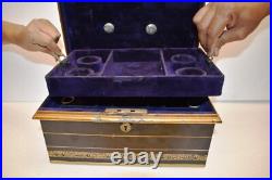 Antique Victorian Metal Jewelry Box Black and Gold Hand Painted Locking Case Old