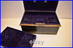 Antique Victorian Metal Jewelry Box Black and Gold Hand Painted Locking Case Old