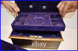 Antique Victorian Metal Jewelry Box Black and Gold Hand Painted Locking Case Old
