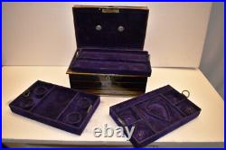 Antique Victorian Metal Jewelry Box Black and Gold Hand Painted Locking Case Old
