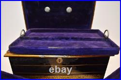 Antique Victorian Metal Jewelry Box Black and Gold Hand Painted Locking Case Old