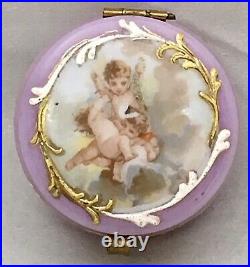 Antique Victorian Milk Glass Lavender Patch Box Cherub Angel Hand Painted Gilt