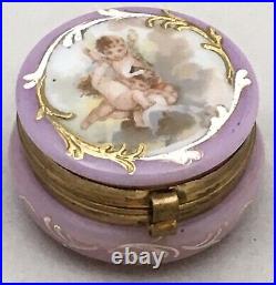 Antique Victorian Milk Glass Lavender Patch Box Cherub Angel Hand Painted Gilt