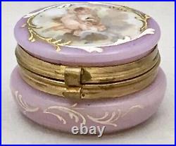 Antique Victorian Milk Glass Lavender Patch Box Cherub Angel Hand Painted Gilt