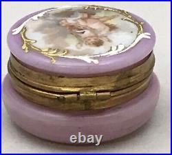 Antique Victorian Milk Glass Lavender Patch Box Cherub Angel Hand Painted Gilt