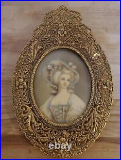 Antique Victorian Miniature Hand Painted Portrait Lady Ornate Gold Frame French