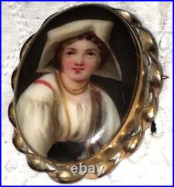 Antique Victorian Miniature Portrait Brooch Cameo Dutch Hand Paint Porcelain Pin