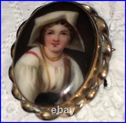 Antique Victorian Miniature Portrait Brooch Cameo Dutch Hand Paint Porcelain Pin